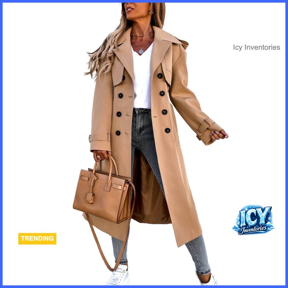 Double Breasted Long Trench Coat Windproof Belted Overcoat With Pockets